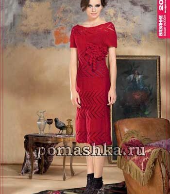 Красное платье с кружевными цветами спицами