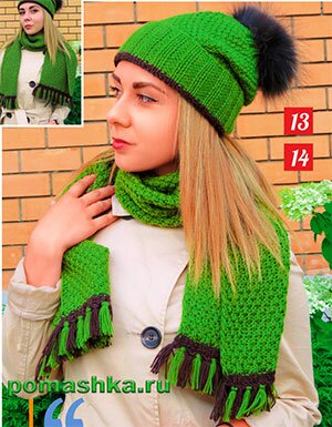 Ярко-зеленые шапочка спицами и шарф спицами